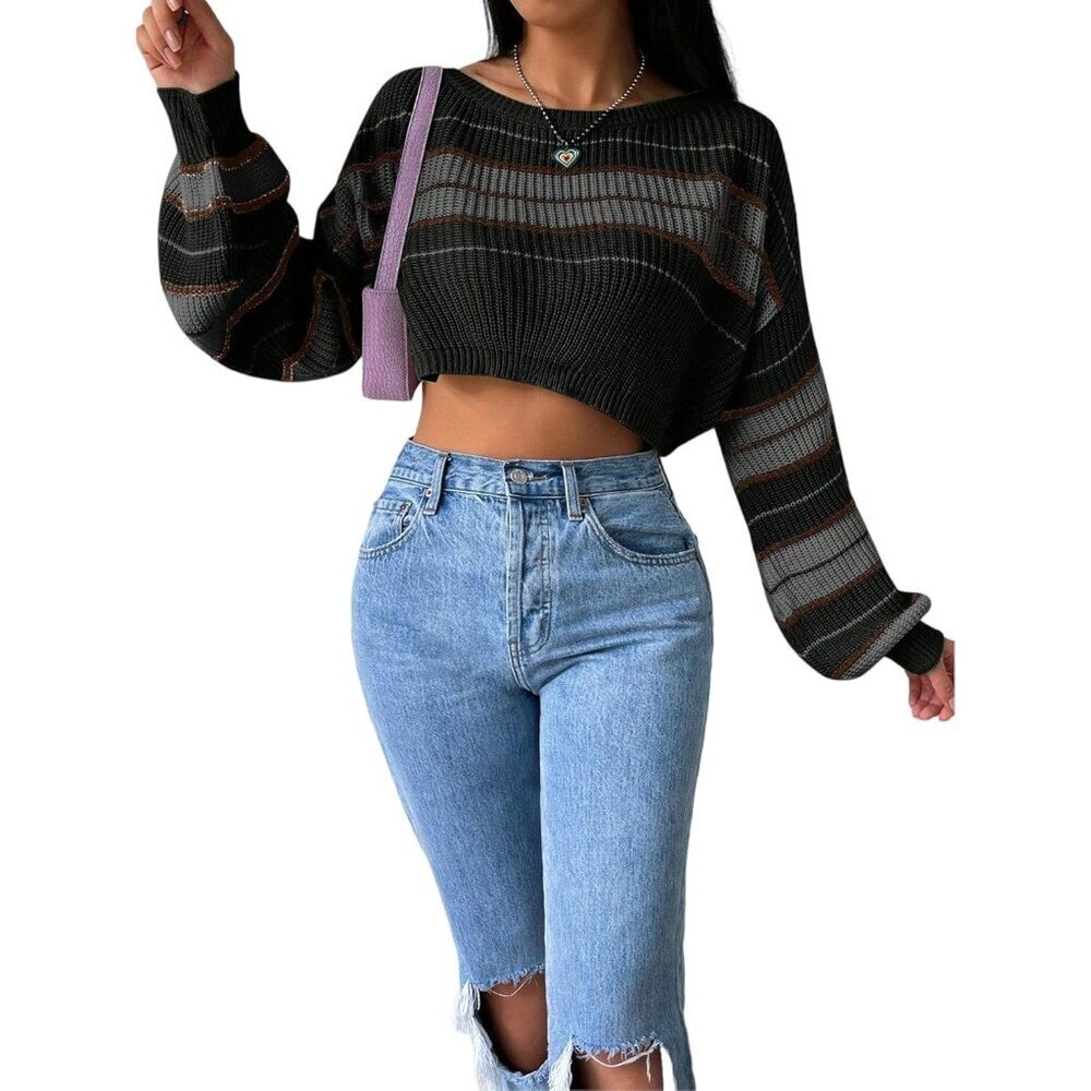 Off The Shoulder Sweater Women Cable Knit Cropped Striped Y2K Pullover